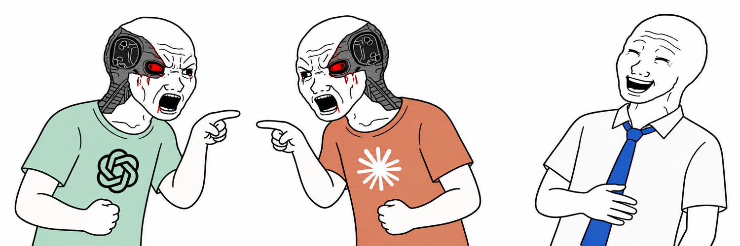 Two AI coworkers argue while the human stands aside laughing.