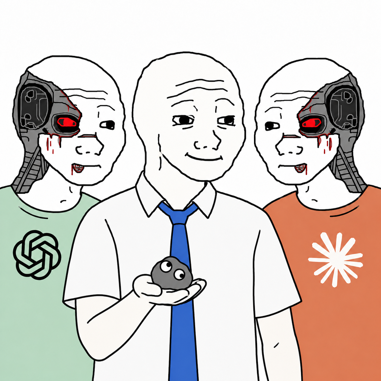 A proud human worker holds a little crooked-eyed rock between two AI cyborg coworkers.